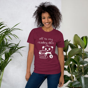 "off to my reading den" t-shirt